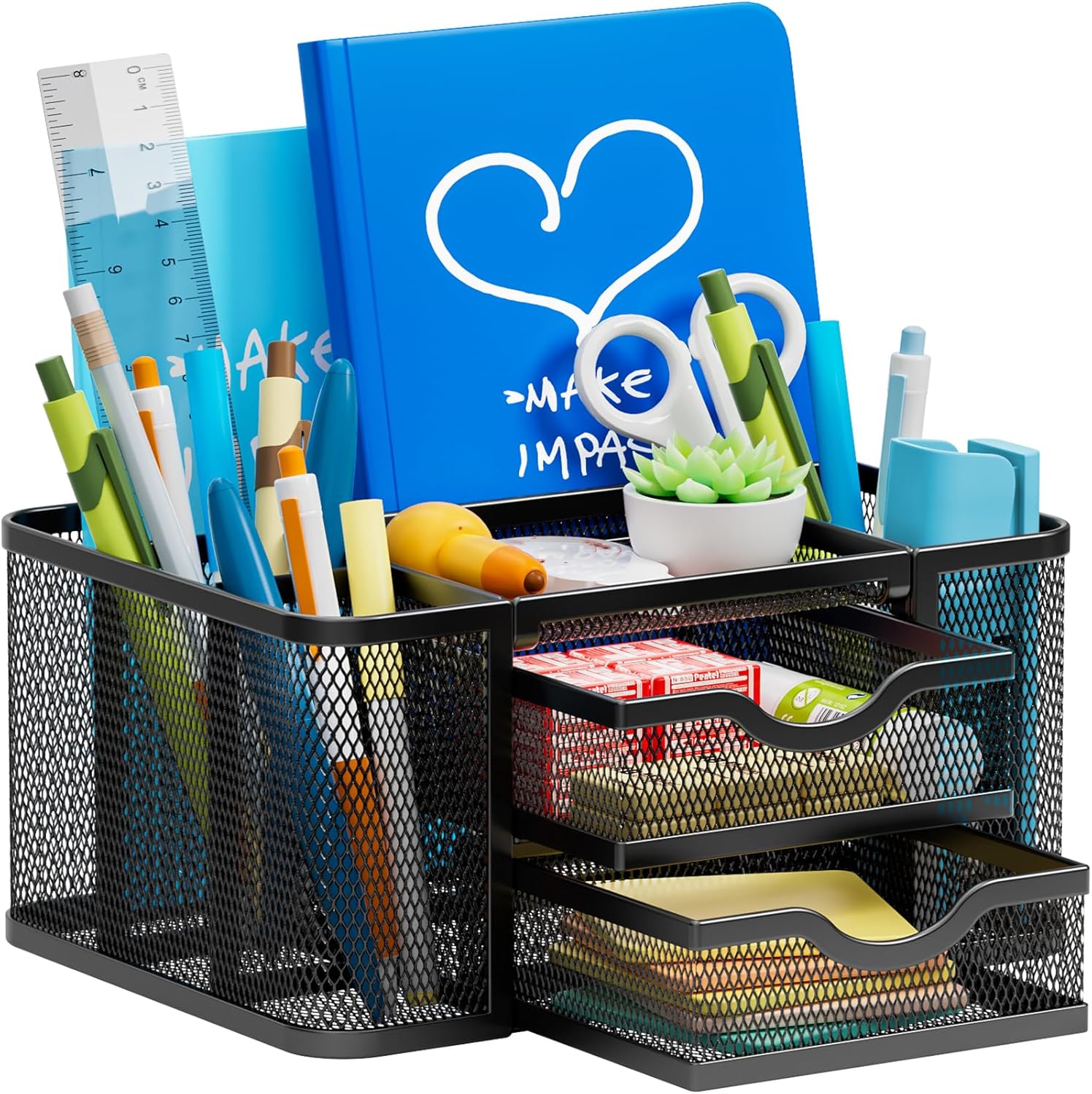 Mesh Desk Organizer, Pen Organizer with 2 Drawer, Multi-Functional Pencil Holder, Desk Organizers and Accessories