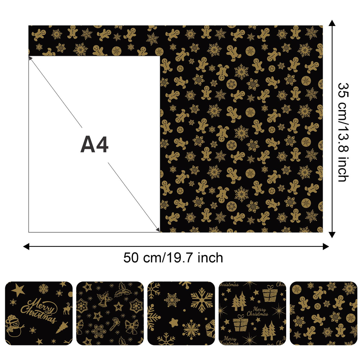 Christmas Tissue Paper, 50 Pcs Metallic Black Gold Tissue Paper for Gift Bags Craft Packaging Cute Gingerbread
