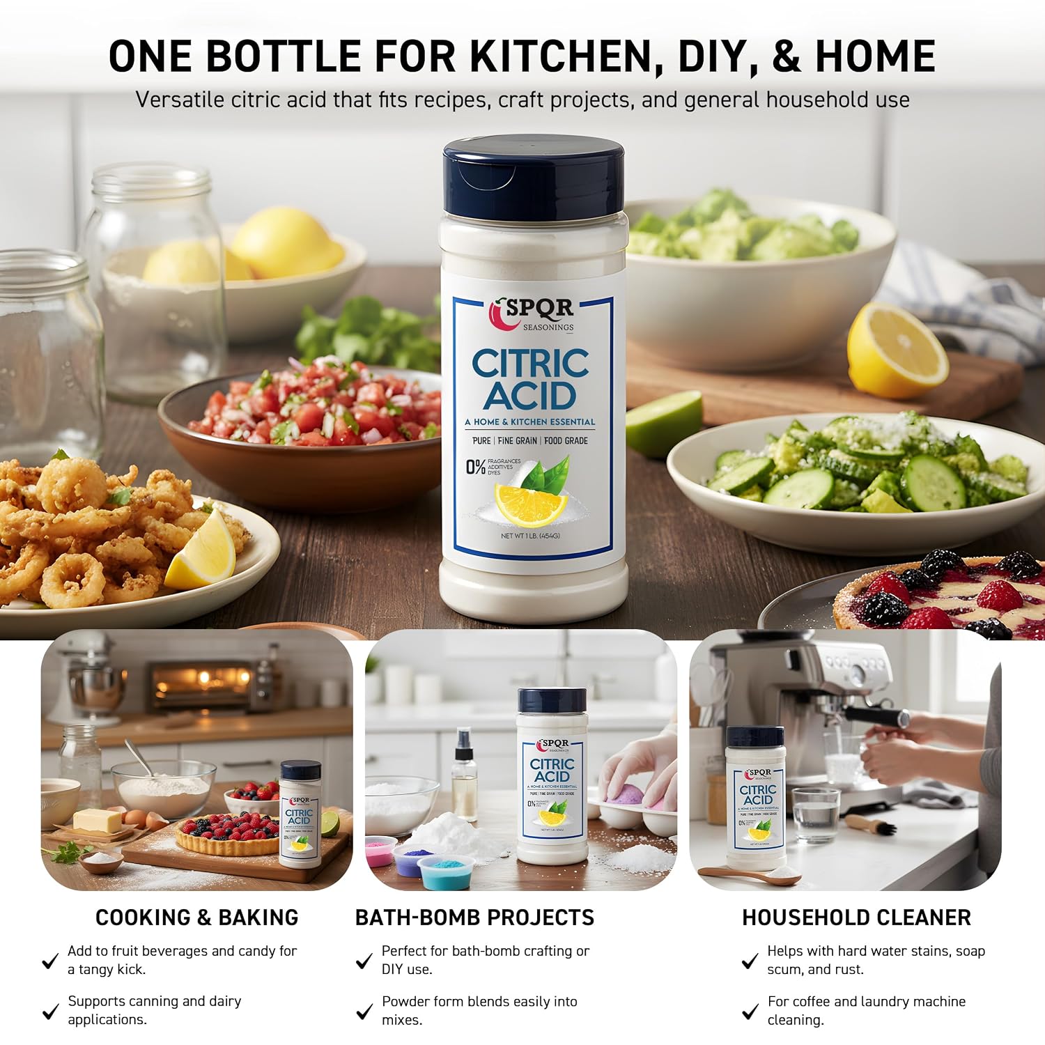 Citric Acid 1 Pound Bottle Food Grade Flavor Enhancer, Household Cleaner & Natural Preservative for Cooking, Baking