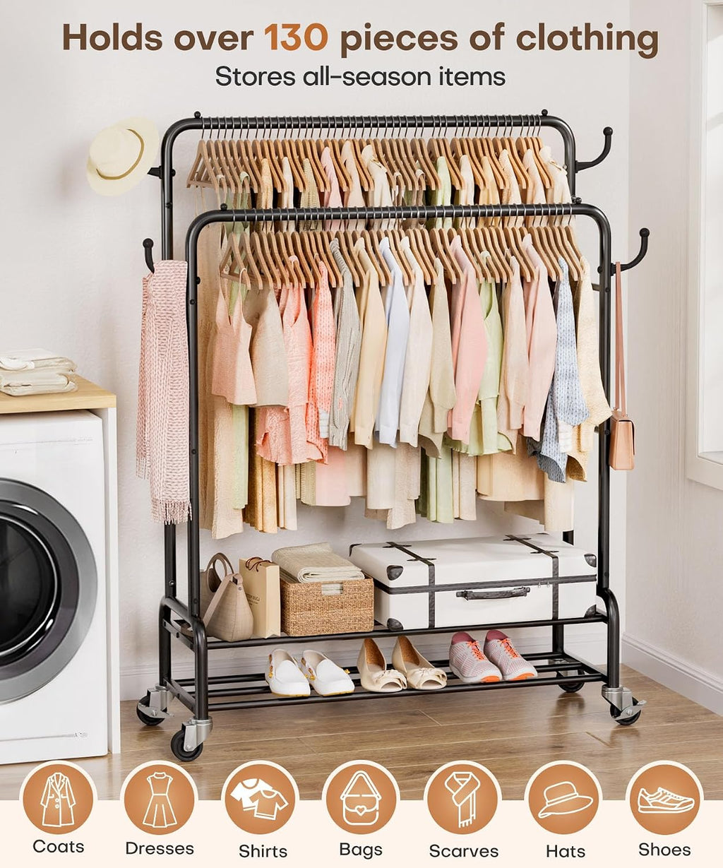 Sturdy Garment Rack for Bedroom: 265 lbs Heavy Duty Clothes Organizer | 2 Hanging Rods Hold Coat to T-Shirt - Easy