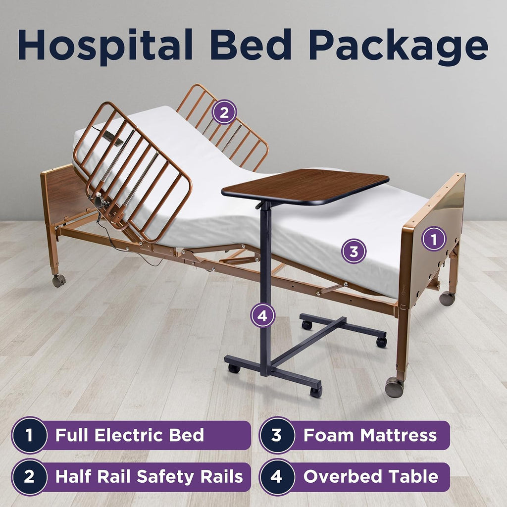 Electric Hospital Bed for Home Use - Includes Foam Mattress, Half Rails, Overbed Table - Medical Bed Set for Long