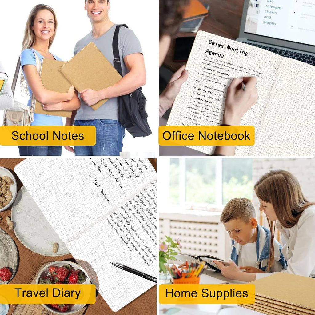Graph Journal, 3 Packs Large A4 8.5" x 11" 40 Sheets/ 80 Pages, 100gsm Thick Paper Kraft Sketchbook Composition Diary