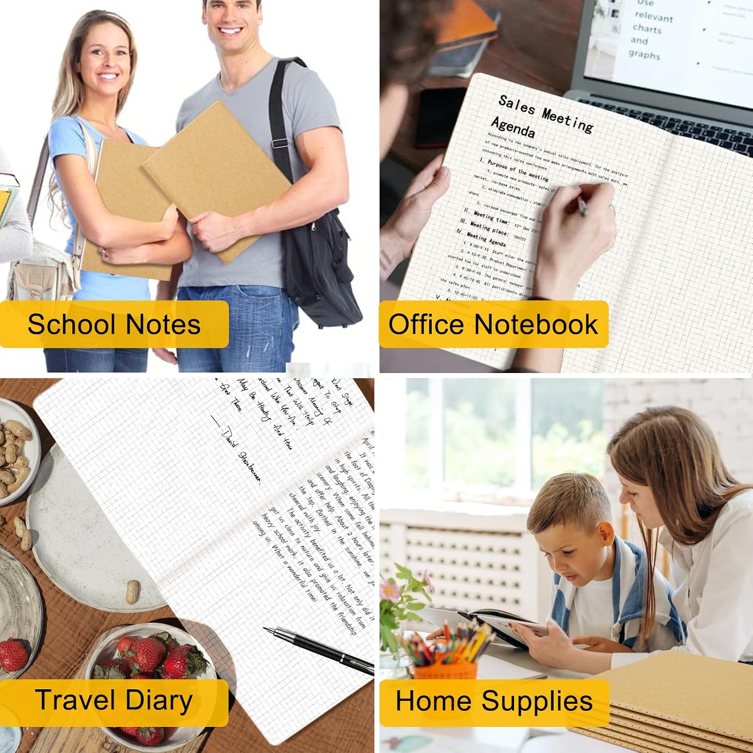 Graph Journal, 3 Packs Large A4 8.5" x 11" 40 Sheets/ 80 Pages, 100gsm Thick Paper Kraft Sketchbook Composition Diary