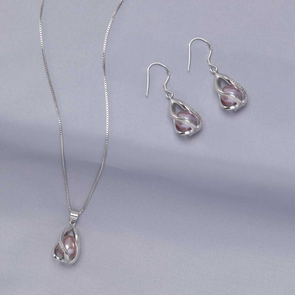 Pearl Jewelry Set For Women S925 Sterling Silver/14K Gold Plated Necklace & Earrings Set Freshwater Pearl Pendant
