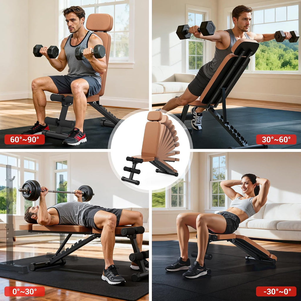 Workout Bench, 10 Backrests Adjustable Weight Bench with Extended Headrest, 800LBS Foldable Weight Bench for Home