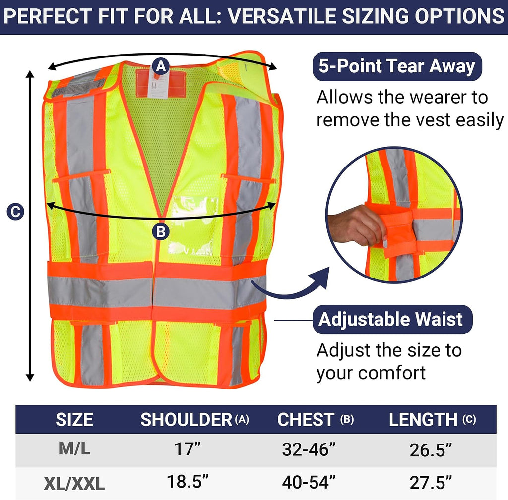 High Visibility Safety Vest – ANSI Class 2 Breakaway Vest with 5 Pockets, Yellow with Adjustable Hook and Loop