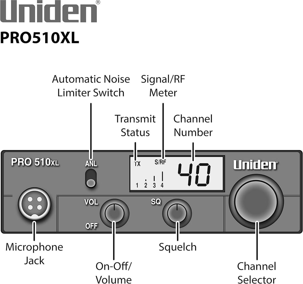 PRO510XL Pro Series 40-Channel CB Radio. Compact Design. Backlit LCD Display. Public Address. ANL Switch and 7 Watts