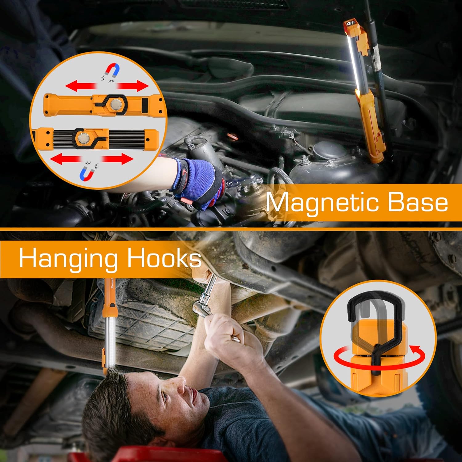 1000LM LED Work Light, Rechargeable Work Light for Mechanics with Dual Magnetic Bases&Hanging Hooks, 4 Lighting