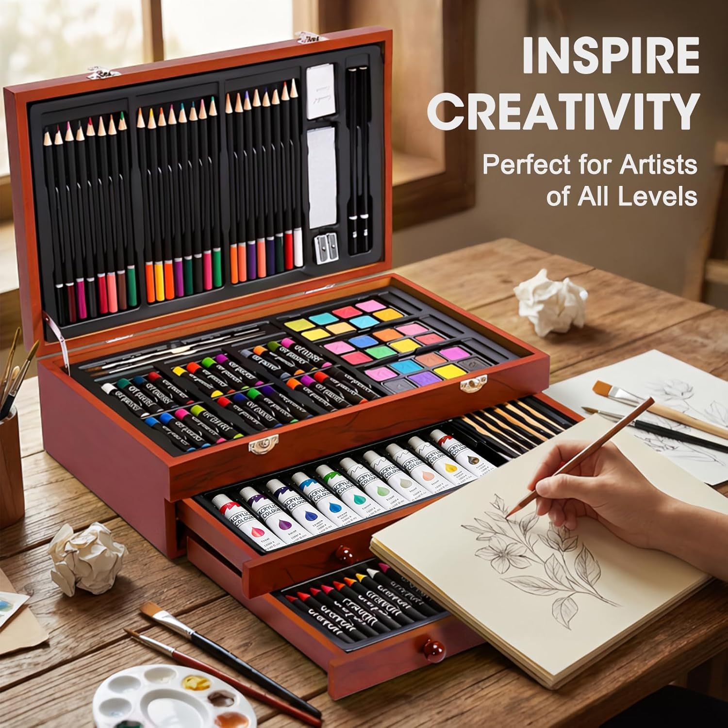 Art Supplies, 175-Pack Deluxe Art Set Drawing Painting Kit with 2 Drawing Pads, Acrylic Paints, Colored Pencils