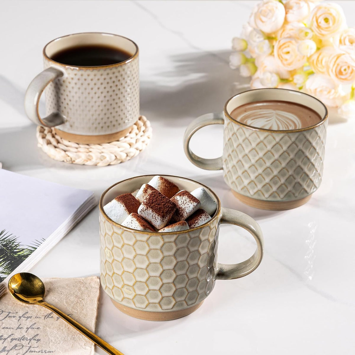 12oz Stackable Coffee Mugs with Stand, Ceramic Coffee Cups Set of 4