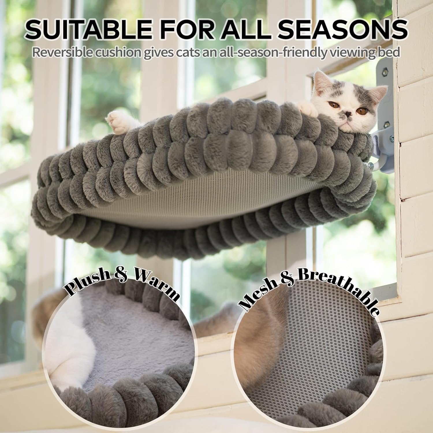 Cat Window Perch for Indoor Cats Hammock for Window with Reversible Cushion, Foldable Cat Window Bed for Large Cats