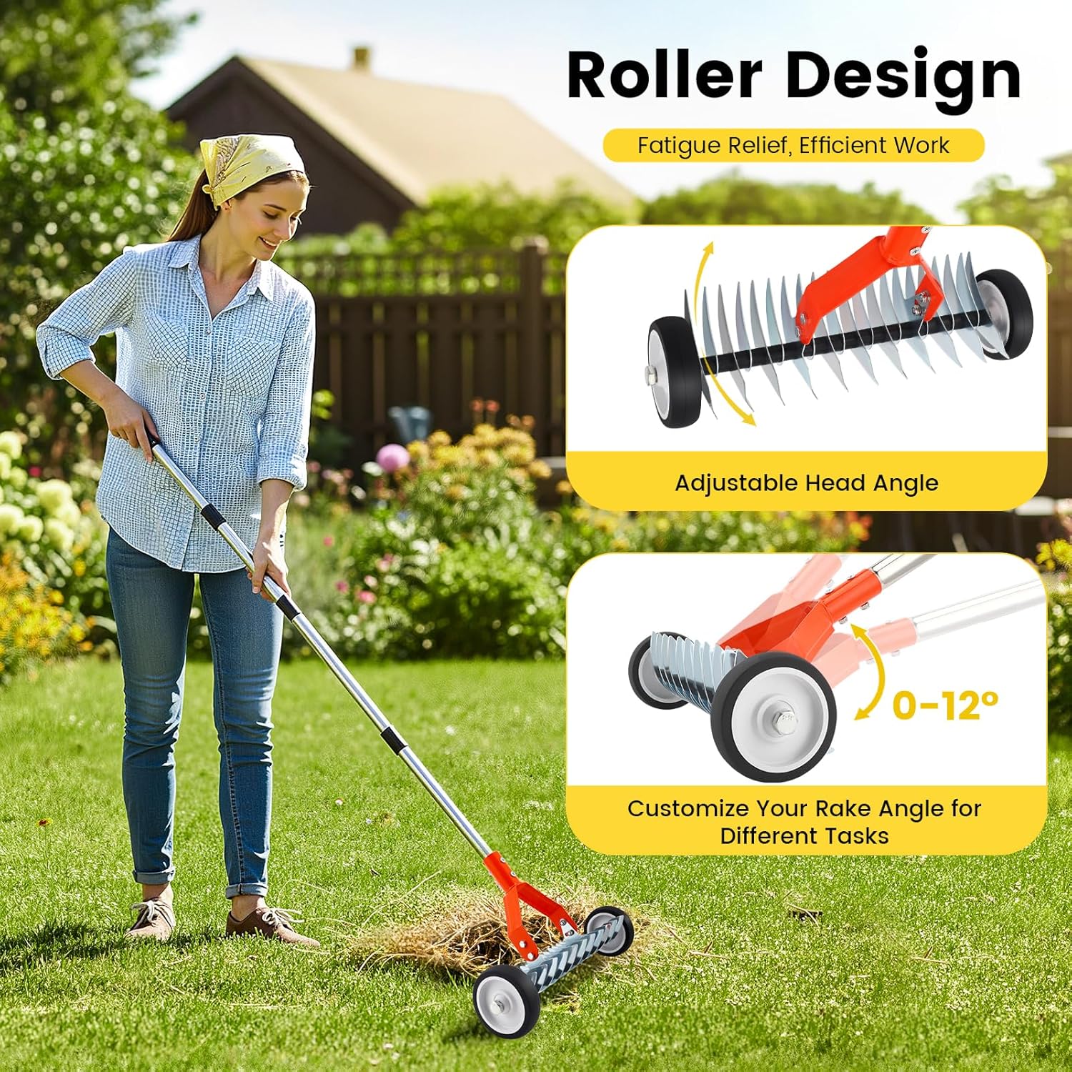 Thatch Rake with Wheels, 37-65.35'' Adjustable Dethatching Roller Rake Adjustable 0-12° Angle Stainless Steel Blades