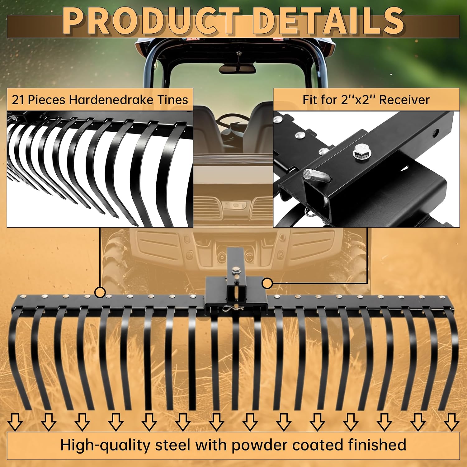 60 Inch Landscape Rake Pine Straw Rake Tractors Rake Fit for 2 Inch Receiver ATV UTV SxS Features 48" or 60"