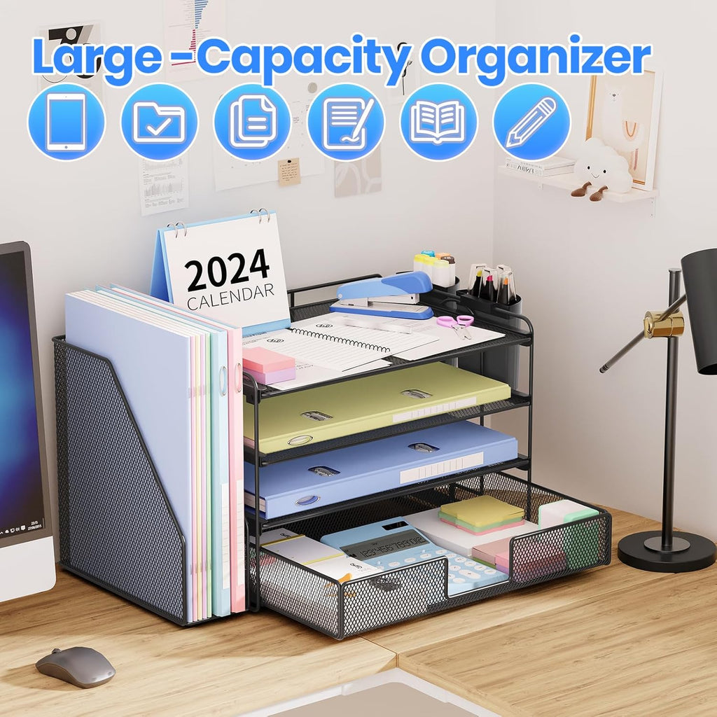 Desk Organizer, 4-Tier Desktop File Organizer with Drawer and 2 Pen Holders, Office Desk Accessories, File Sorters