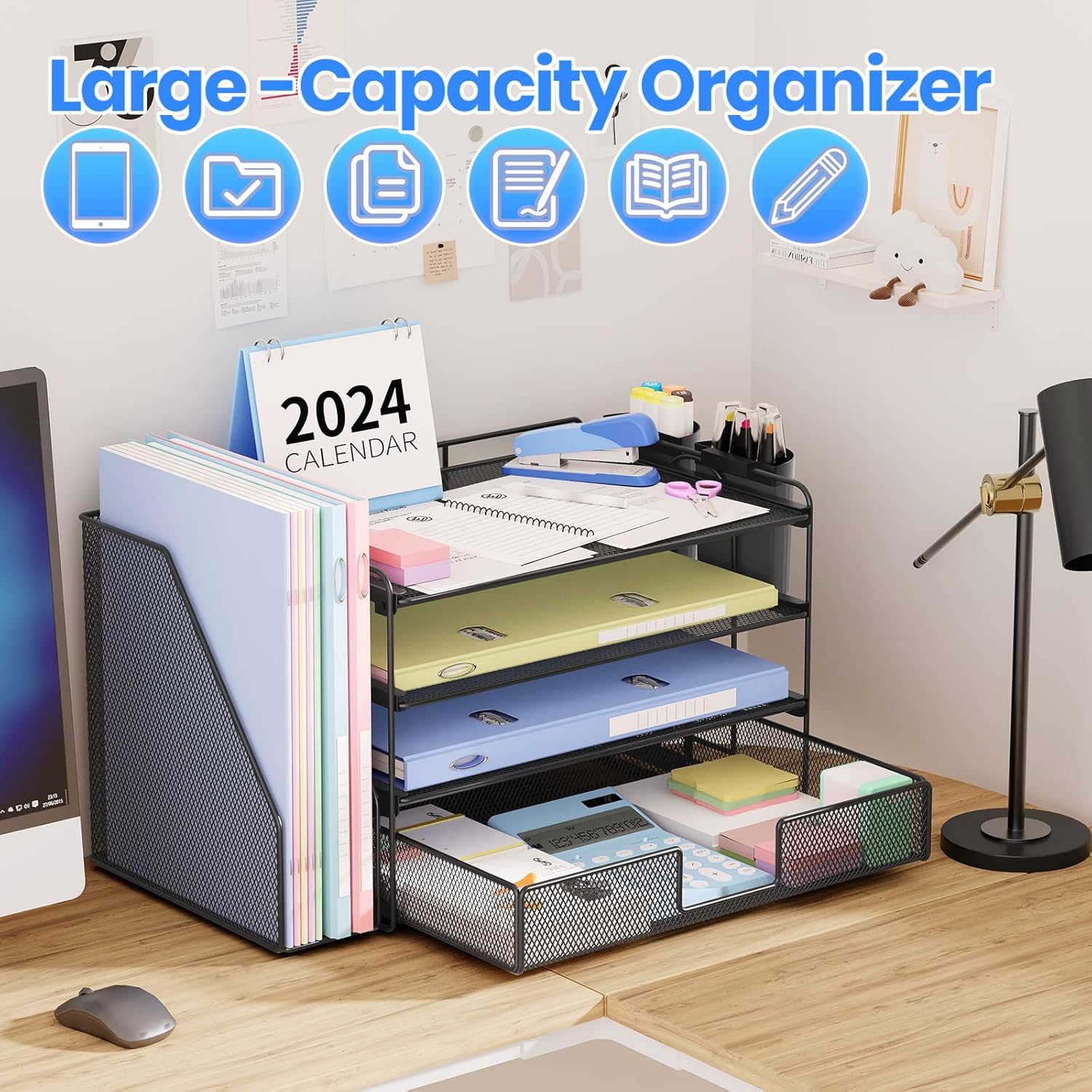 Desk Organizer, 4-Tier Desktop File Organizer with Drawer and 2 Pen Holders, Office Desk Accessories, File Sorters