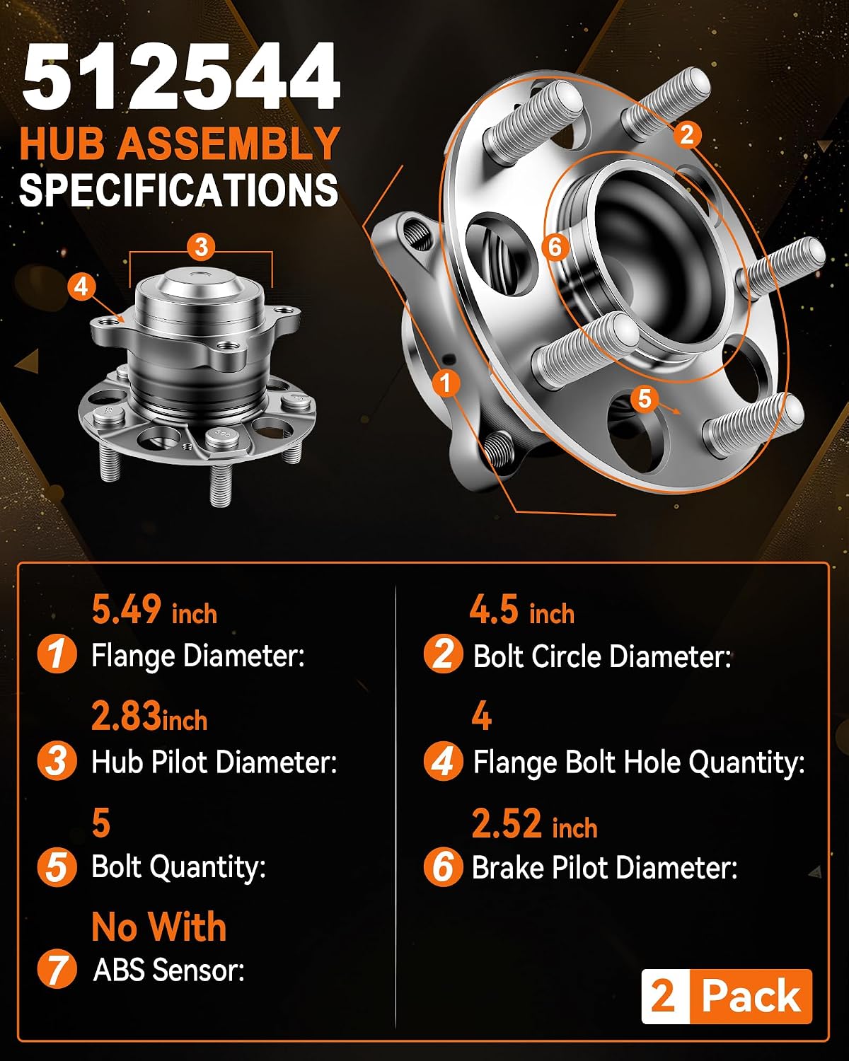 2Pcs 512544 Rear Wheel Bearing Hub Assembly Fit for Honda Accord 2013, 2014, 2015, 2018, 2019, 2020, 2021, 2022, 2023, for Acura TLX 2015-2020, 5 Lug, Non ABS