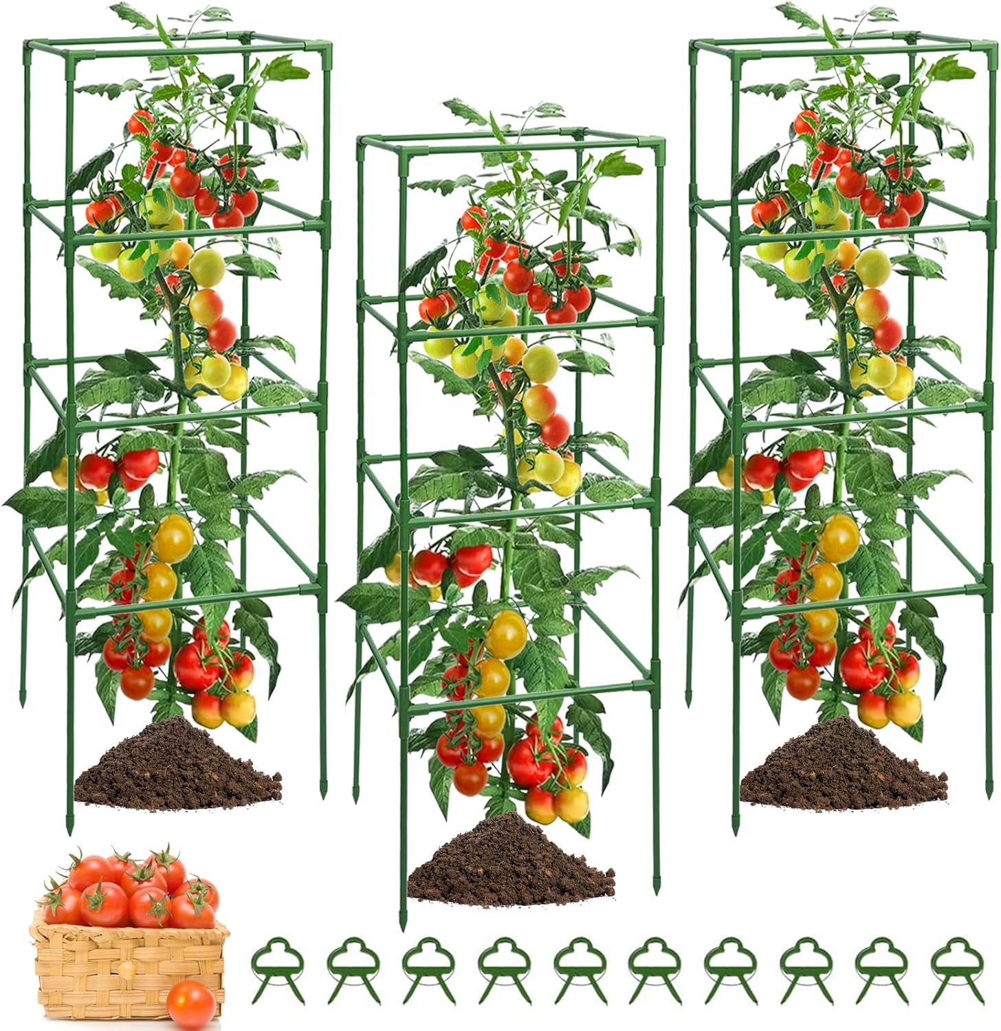 3 Pack Tomato Cages for Garden - Heavy Duty Square Tomato Plant Support Stakes, Height-Adjustable Tomato Trellis