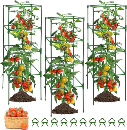 3 Pack Tomato Cages for Garden - Heavy Duty Square Tomato Plant Support Stakes, Height-Adjustable Tomato Trellis