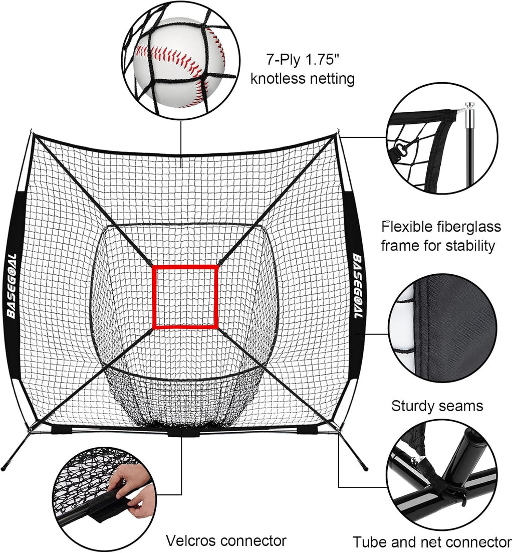 7x7ft Baseball Practice Net with Batting Tee,Caddy and Strike Zone | Baseball backstop net with 7-strand knotless