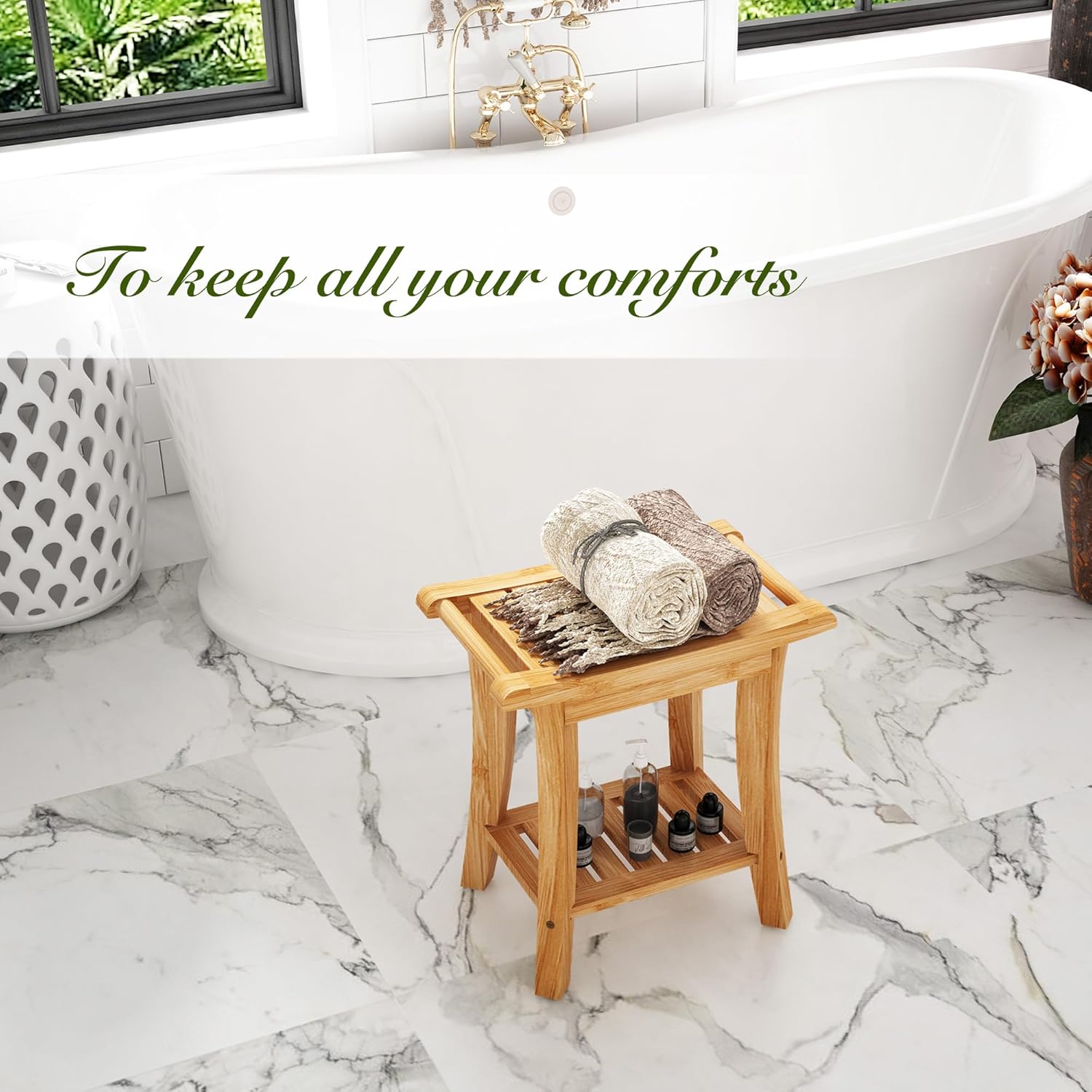 Bamboo Shower Bench Inside Shower Stool with Storage Shelf, Spa Bath Chair for Bathroom, Seat or Organizer for Living