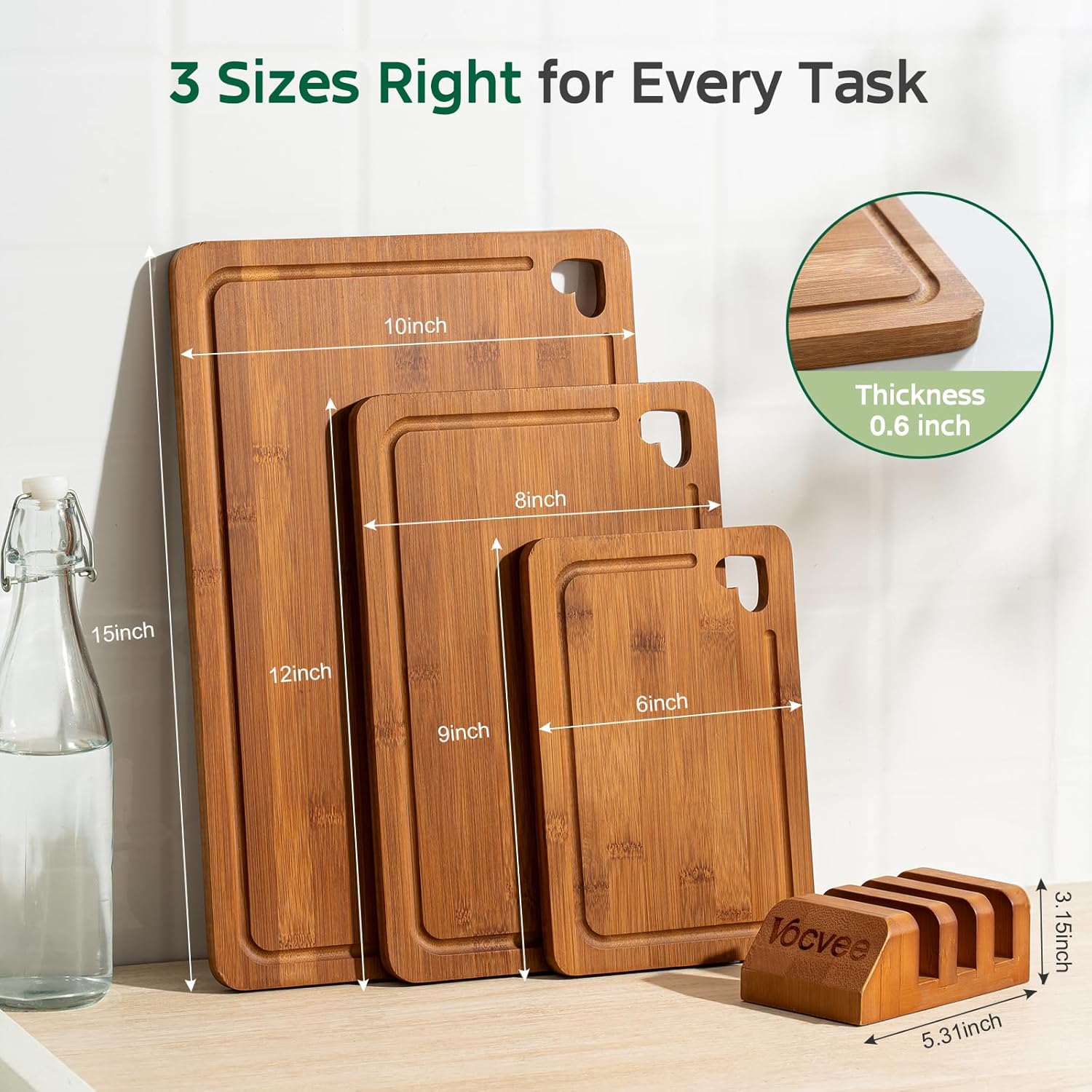 Bamboo Cutting Boards for Kitchen(Set of 3), Wood Cutting Board with Wood Storage Stand, Charcuterie & Chopping Board