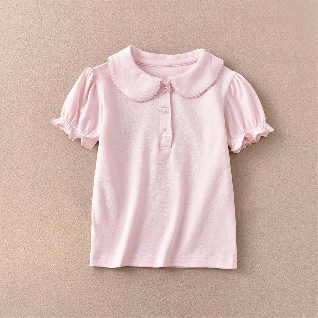 Girls Pure Cotton Polos Puff Sleeve Cute Peter Pan Collar Shirt Pink | Back to School Clothes for Teen Girls Kids