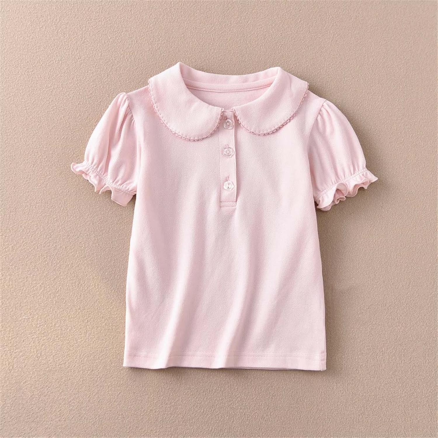 Girls Pure Cotton Polos Puff Sleeve Cute Peter Pan Collar Shirt Pink | Back to School Clothes for Teen Girls Kids