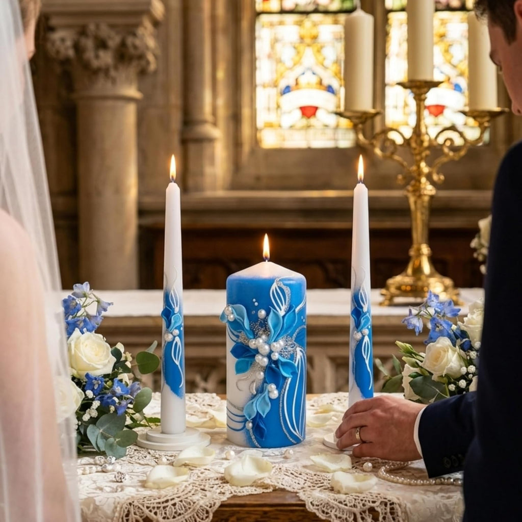 Sapphire Bloom Unity Candle Set for Wedding Ceremony& Reception, Blue & White Handmade Wedding Candles, Unscented 6"