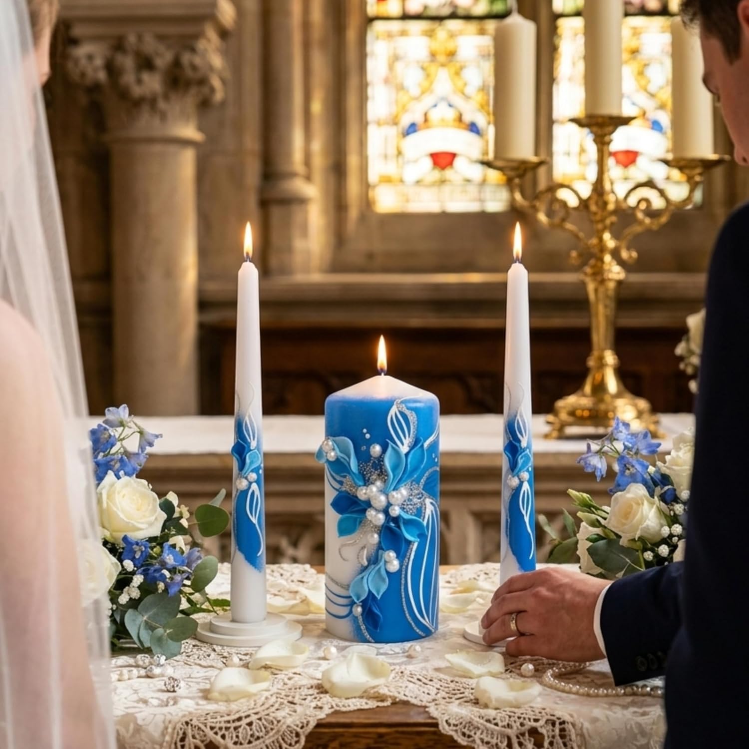 Sapphire Bloom Unity Candle Set for Wedding Ceremony& Reception, Blue & White Handmade Wedding Candles, Unscented 6"