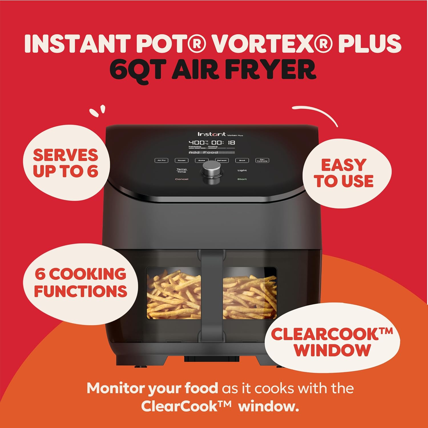 Vortex Plus 6QT ClearCook Air Fryer, Clear Windows, Custom Program Options, 6-in-1 Functions, Crisps, Broils, Roasts