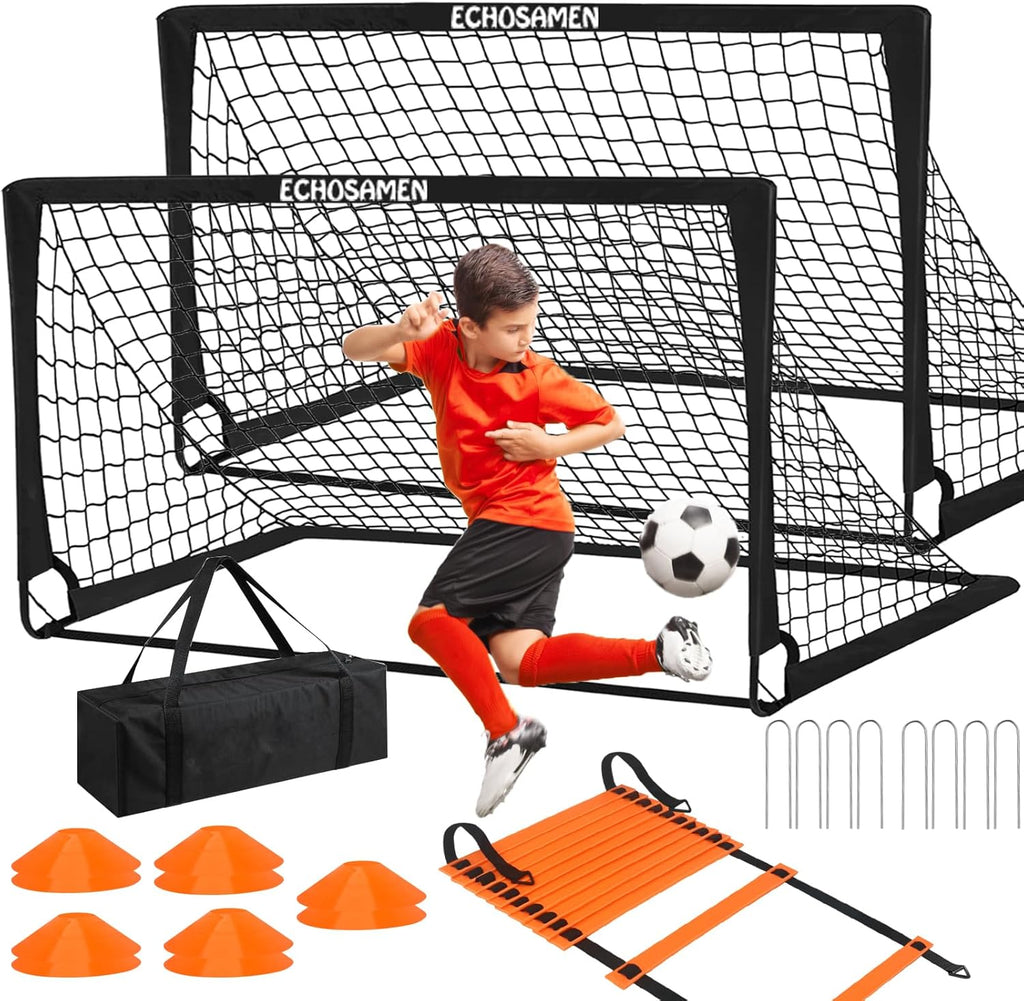 Kids Soccer Goals for Backyard, 2 of 6 x 4 ft Kids Soccer Goal Set Soccer Net with 10 Soccer Cones, Agility Ladder &