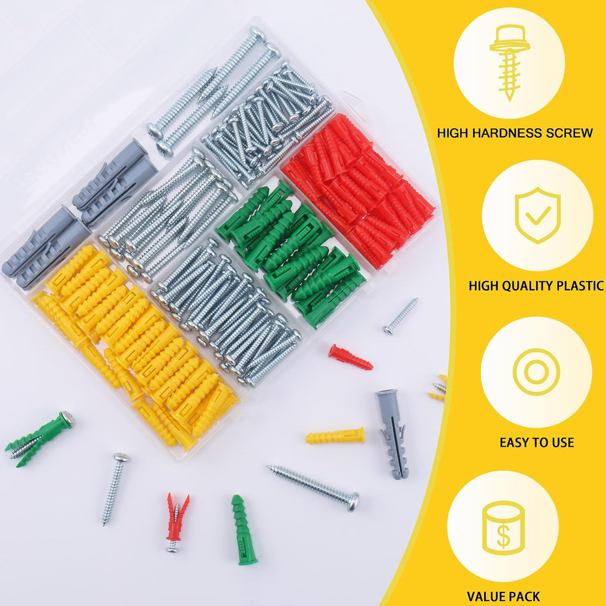 JEGONFRI 208PCS Drywall Anchors & Screws Kit, 4 Sizes, Wall Anchors