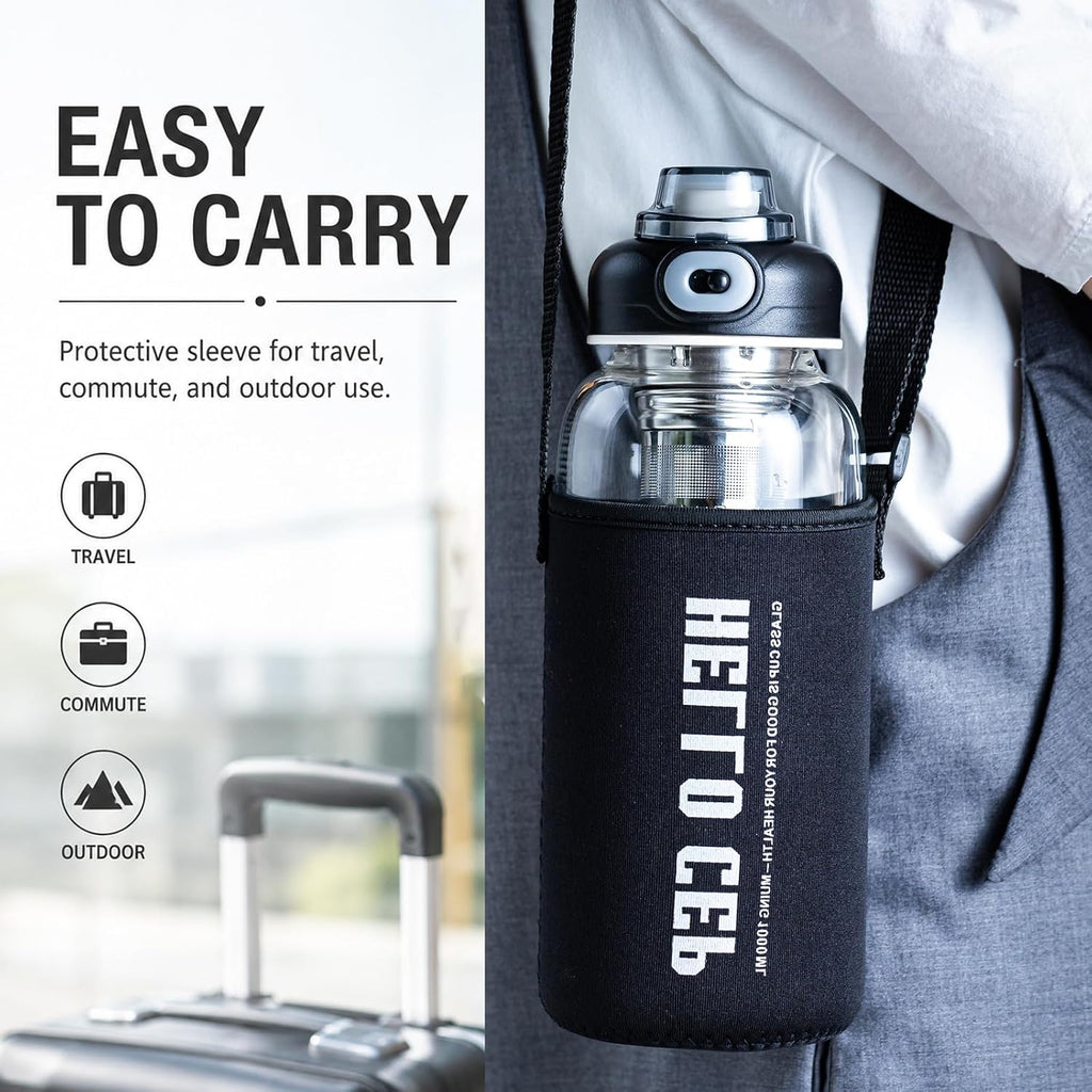 34oz Glass Water Bottle with Straw, Infuser & Protective Sleeve, BPA-Free Large Capacity drinking bottles for Hot or