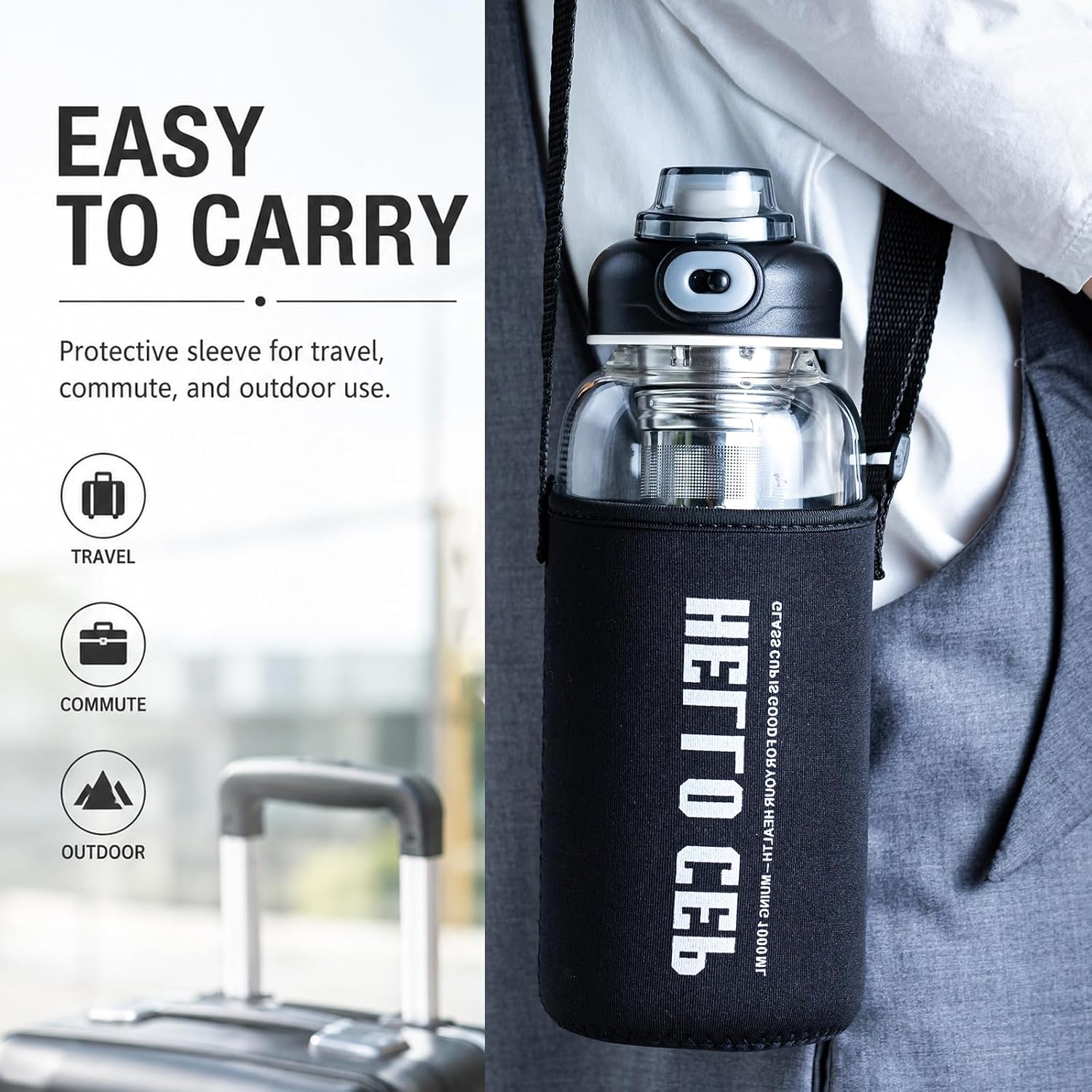 34oz Glass Water Bottle with Straw, Infuser & Protective Sleeve, BPA-Free Large Capacity drinking bottles for Hot or