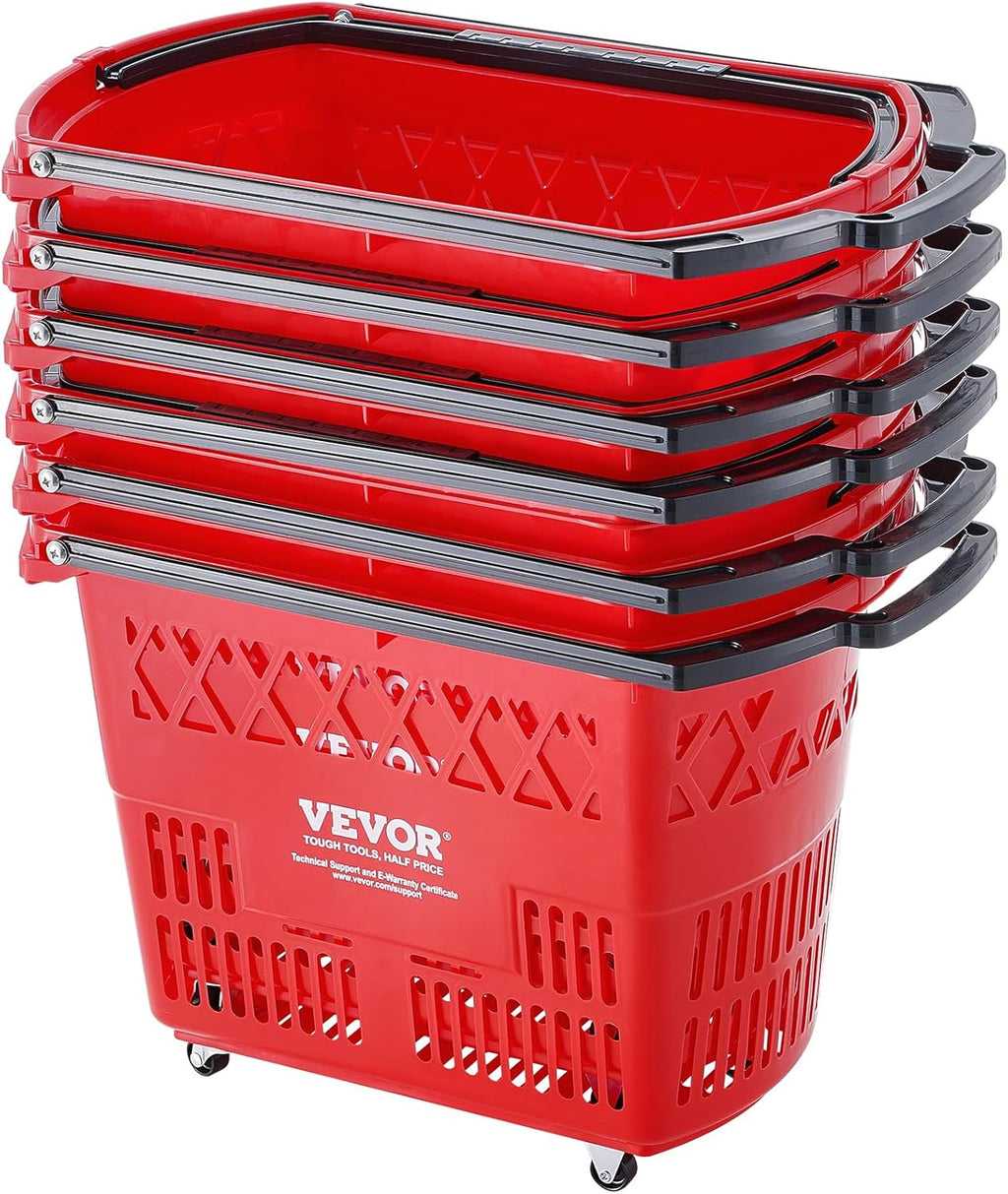 Shopping Carts with Handles, 6PCS, 39L Plastic Rolling Shopping Basket with Wheels, Large Portable Shopping Basket