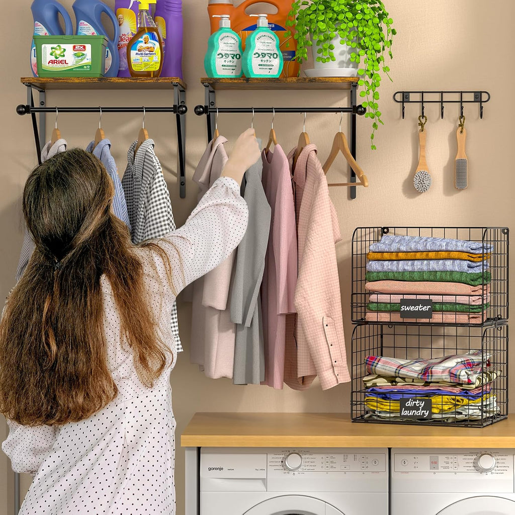Laundry Room Shelves Wall Mounted with Wire Baskets, Over the Washer and Dryer Shelf with Clothes Drying Rack, Wire