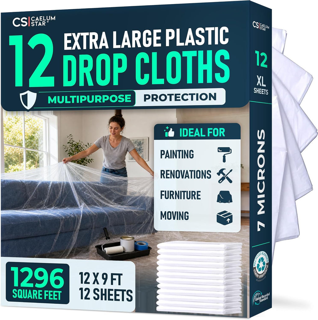 CS 12 Pack Clear Plastic Drop Cloth for Painting & Decorating, 12x9Ft Each