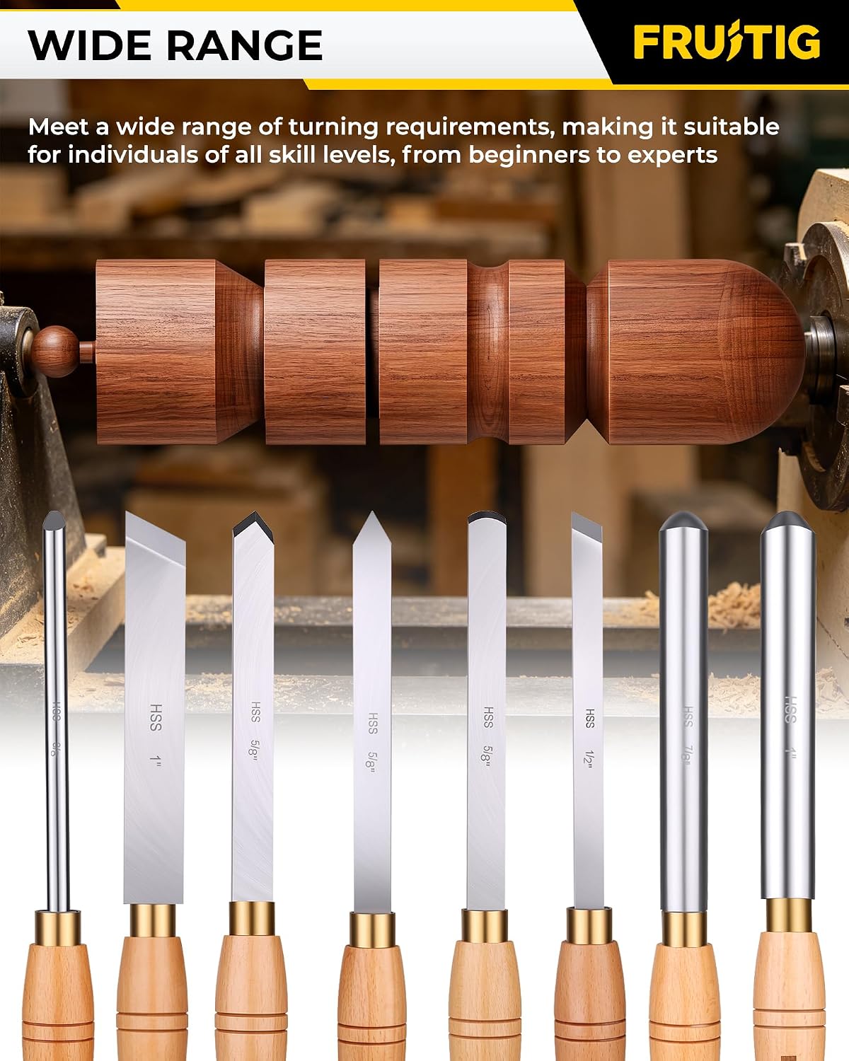 8pc Lathe Chisel Set, M2 HSS Wood Turning Tools for Beginners | Woodworking lathe tool kit for beginners, 10" solid
