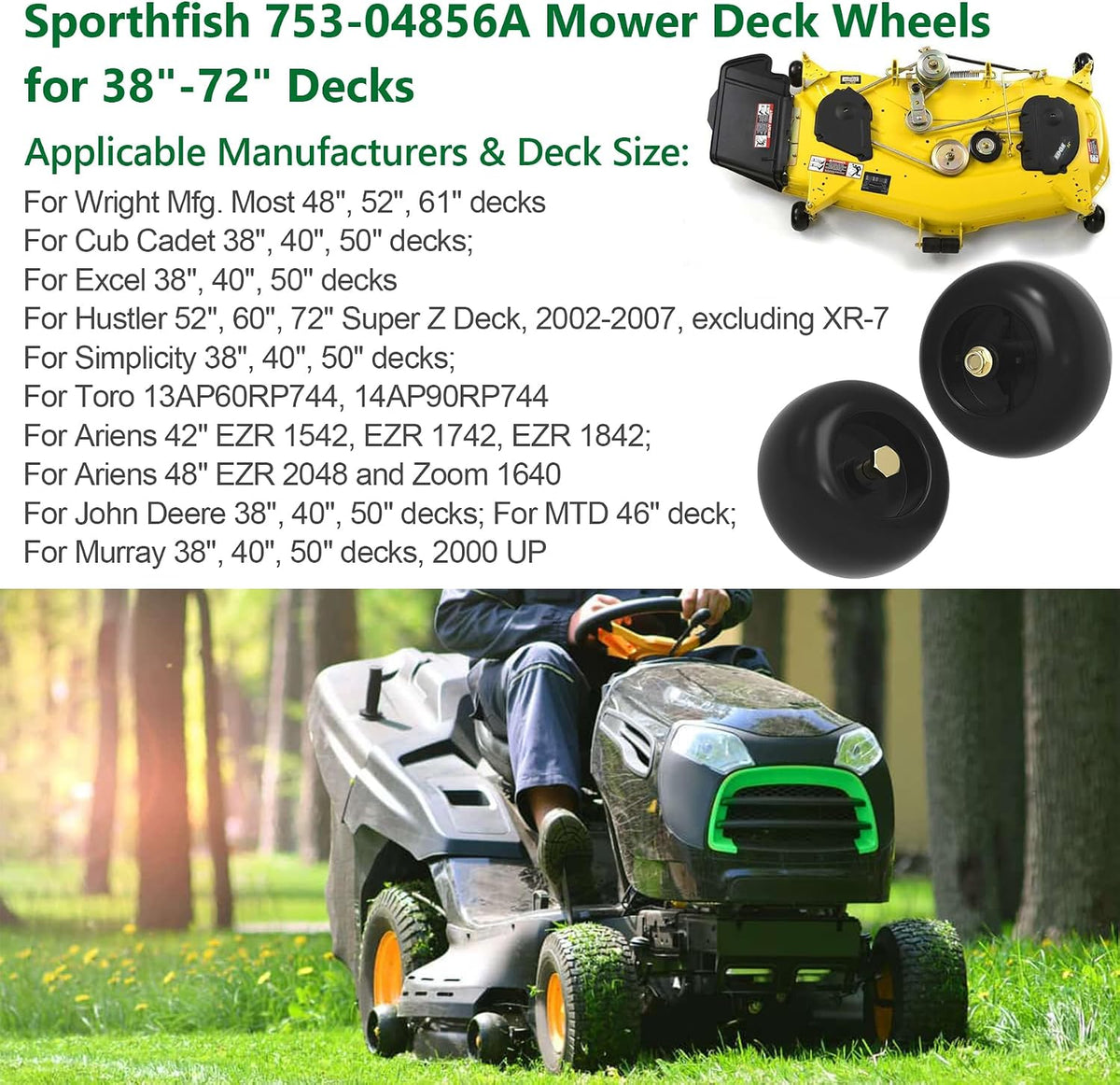 753-04856A Mower Deck Wheels for Cub Cadet Craftsman Husqvarna Lawn Mower Deck Rollers Gauge Wheel Work with 42" 46" 48" 50" 52" 54" Decks, 2 Pack Lawnmower Tractor Deck Tire