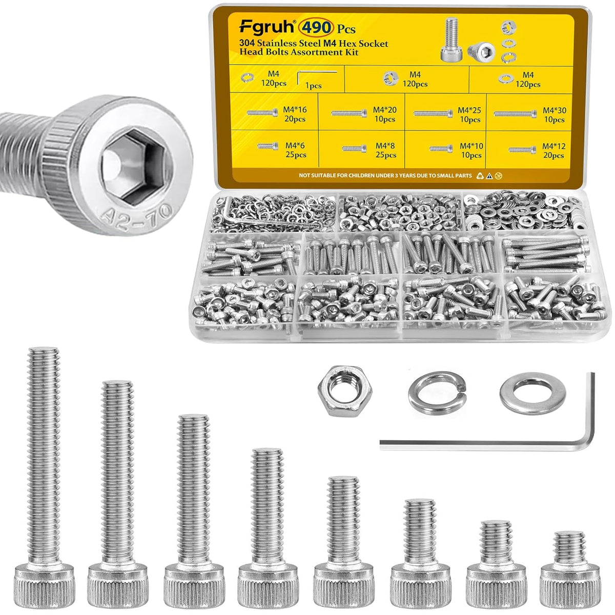 490PCS M4 Socket Screws Assortment Kit, M4x6/8/10/12/16/20/25/30 mm