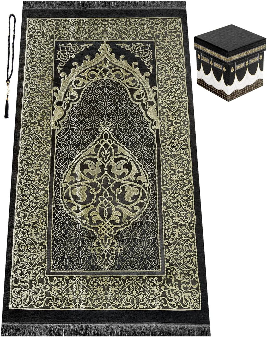 Prayer Rug Set with Mini Quran & Kaaba Cubic Gift Box, Prayer Beads Tasbih, Soft Sajadah, Namaz Mat, Islamic Gift for