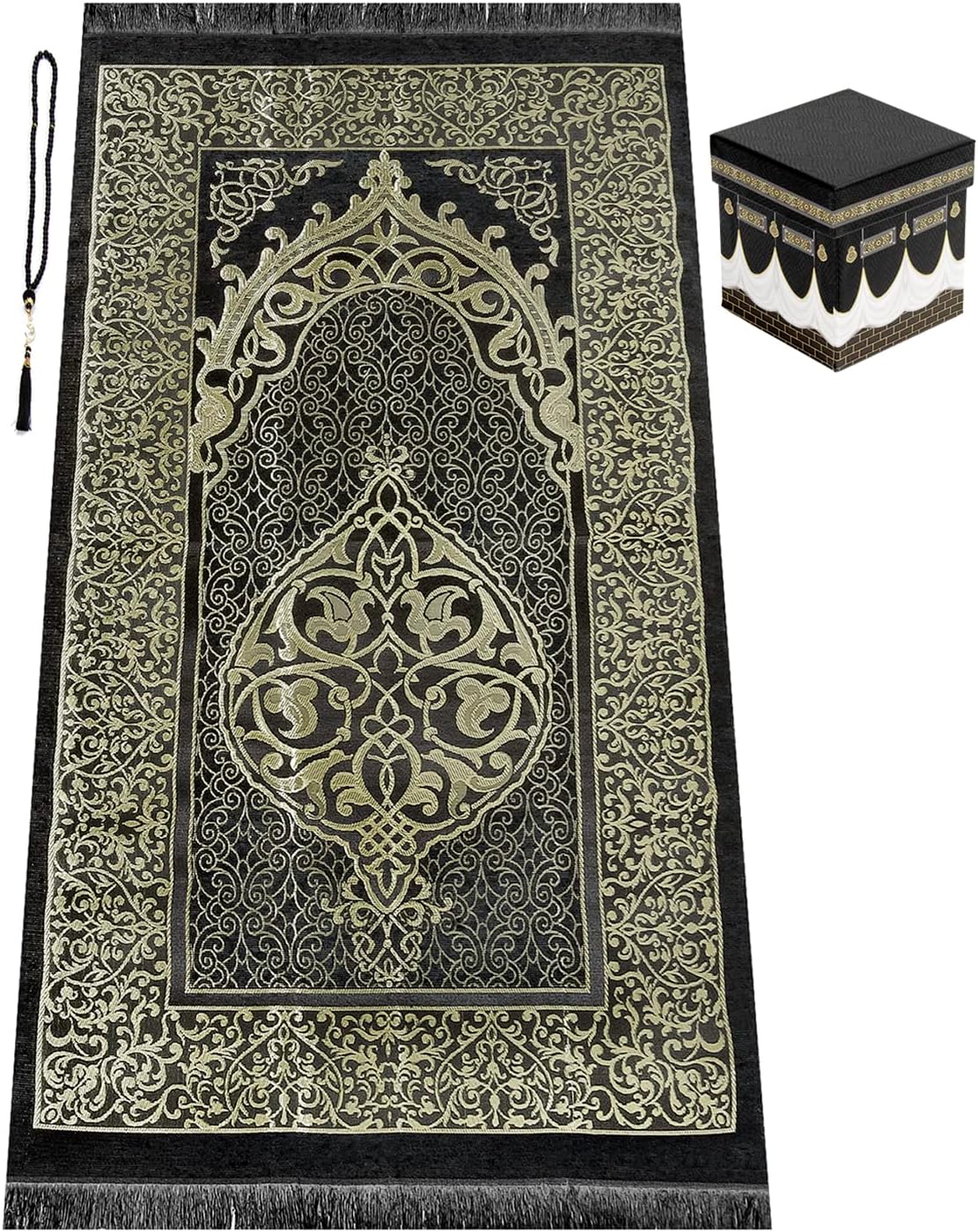 Prayer Rug Set with Mini Quran & Kaaba Cubic Gift Box, Prayer Beads Tasbih, Soft Sajadah, Namaz Mat, Islamic Gift for