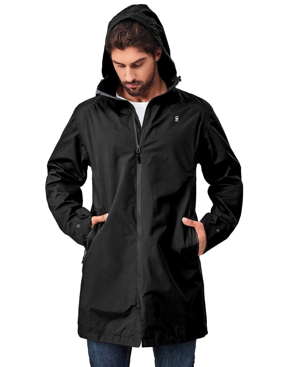 Men's Waterproof Long Rain Jacket Black XXL