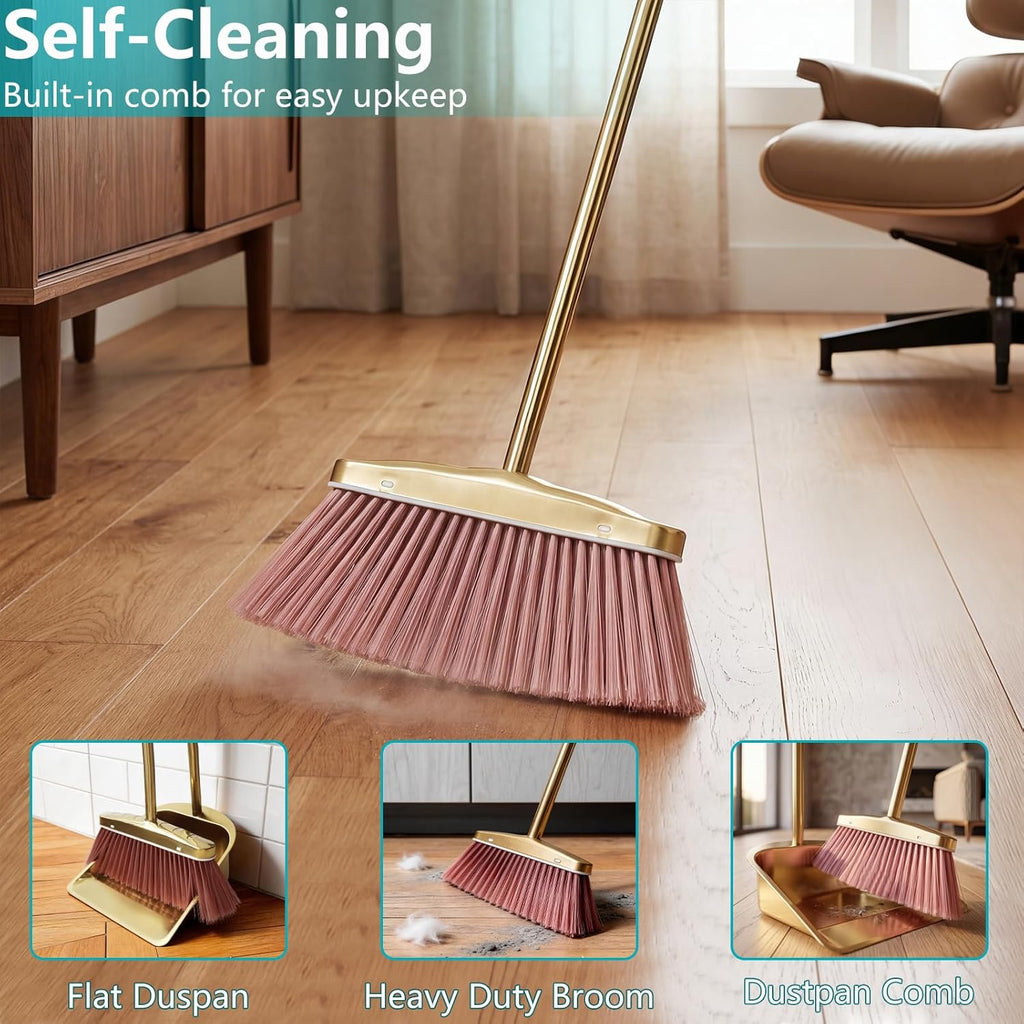 Gold Broom and Dustpan Set, Minimalist Upright Sweeper with Long Handle, Heavy Duty Stainless Steel Metal Dust Pan