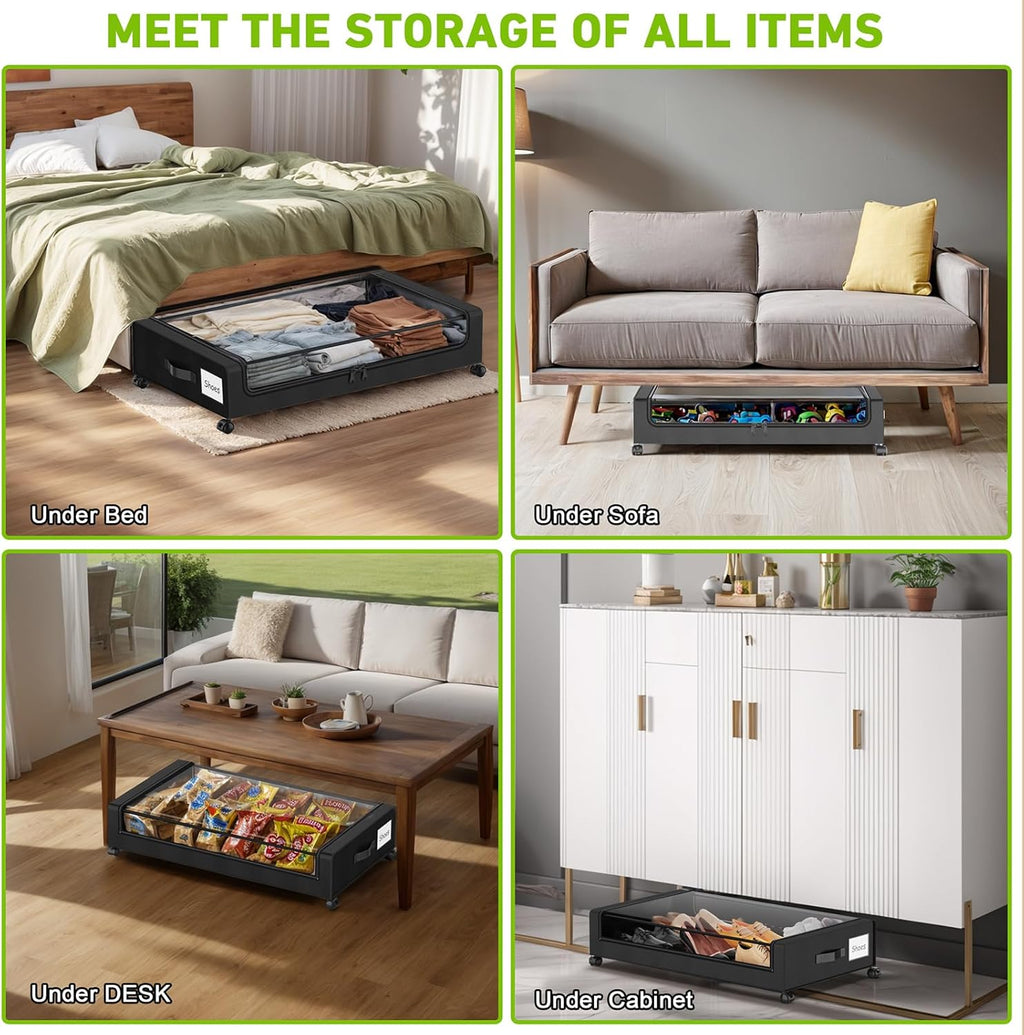 Under Bed Storage with Wheels, 2-Pack Under the Bed Storage Containers with Clear Lids & Label, Underbed Storage