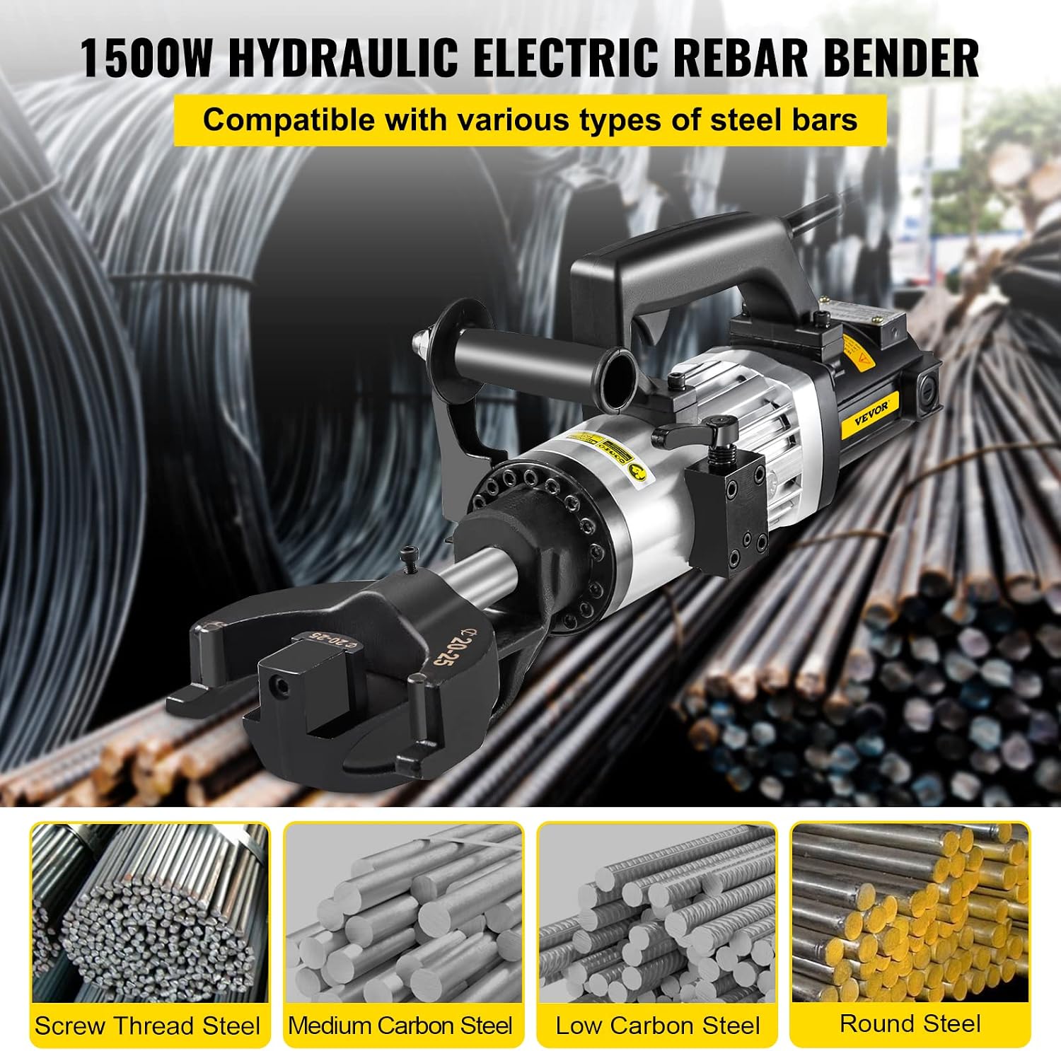 Hydraulic Electric Rebar Bender 1.5 KW Handheld Rebar Bending Machine | for 1" 25mm #8 Rebar Steel Bars, 5s Bending