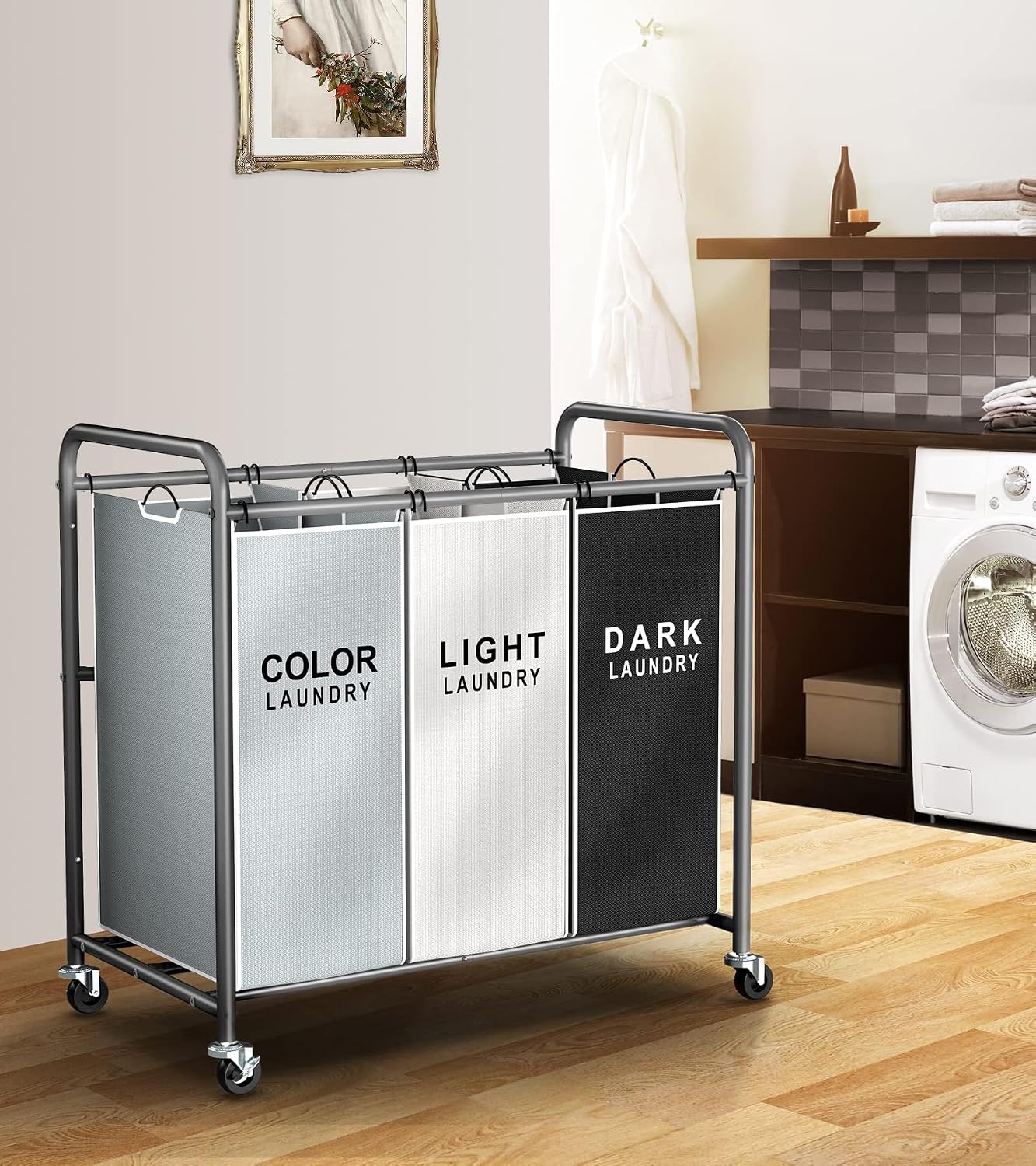 Laundry Sorter Hamper 3 Section, Divided Laundry Basket Organizer | Rolling Clothes Hamper with Heavy Duty Lockable