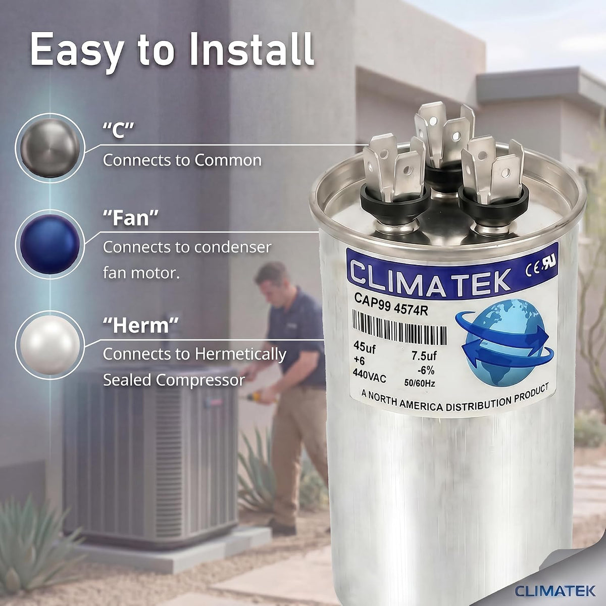 ClimaTek 45 + 7.5 MFD 370/440 Volt Dual Run Capacitor CAP99-4574R | 45/7.5