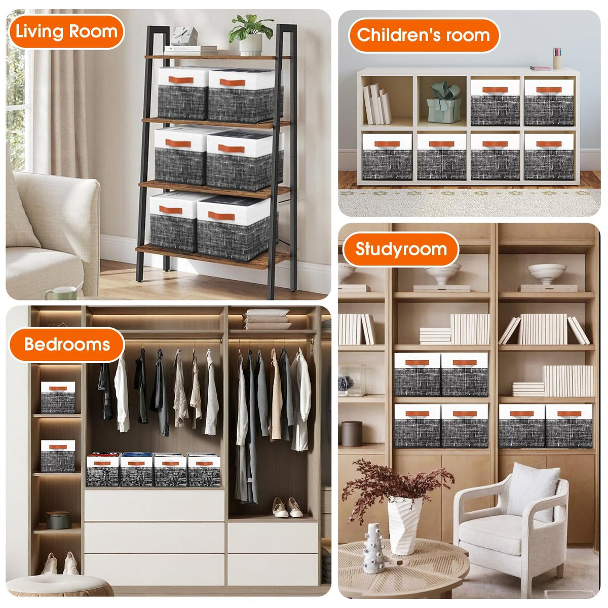 Collapsible Storage Baskets for Shelves,14"x10", 6 Pack Foldable Fabric Storage Bins with Double Leather Handles