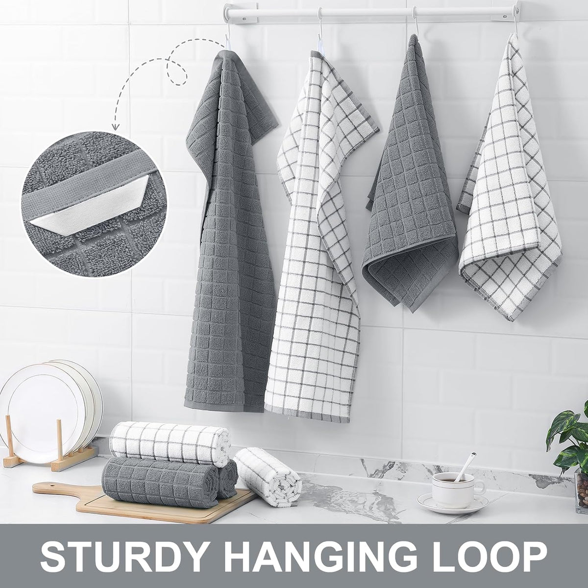 Large Premium Cotton Kitchen Towels 16"x 28", 6 Pack, Grey | Natural Ring Spun 390 GSM Dish Towels, Super Absorbent